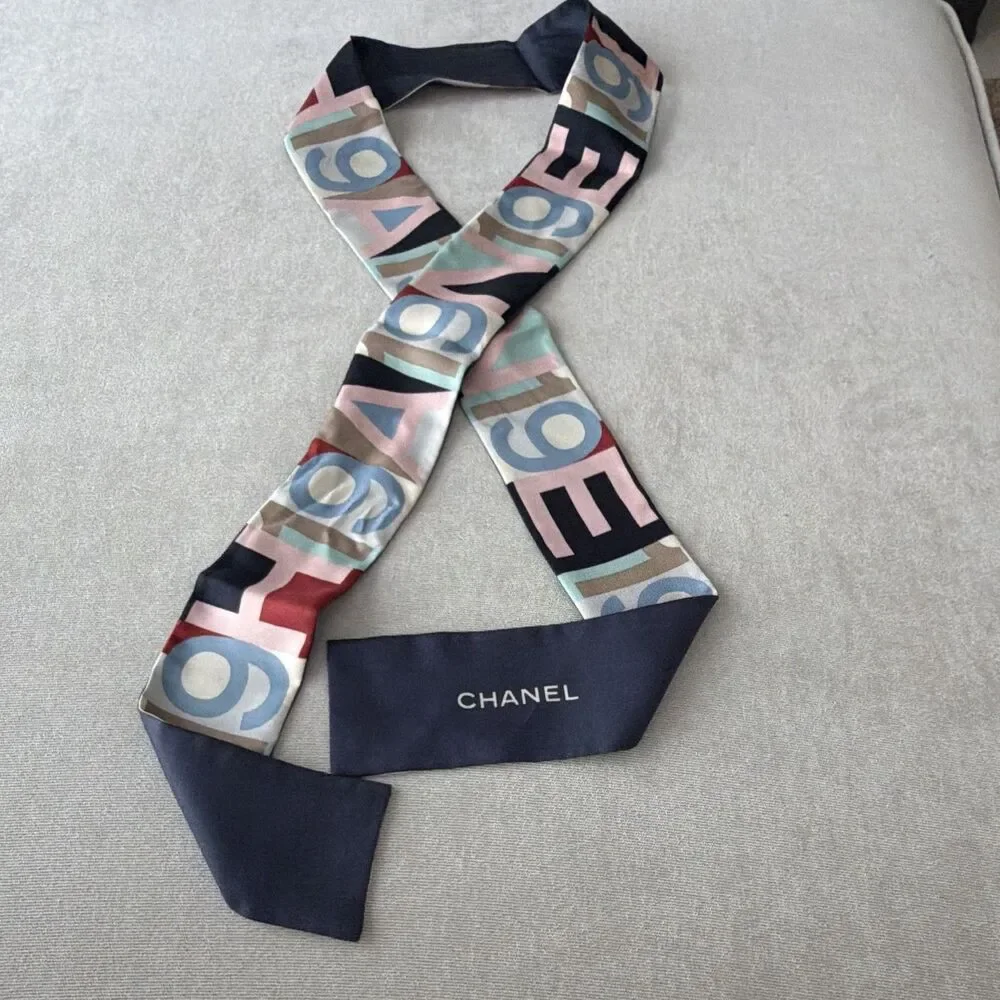 Chanel 100% Silk Slim Bandeau Scarf Navy Blue Pink Letter Print Logo Twilly